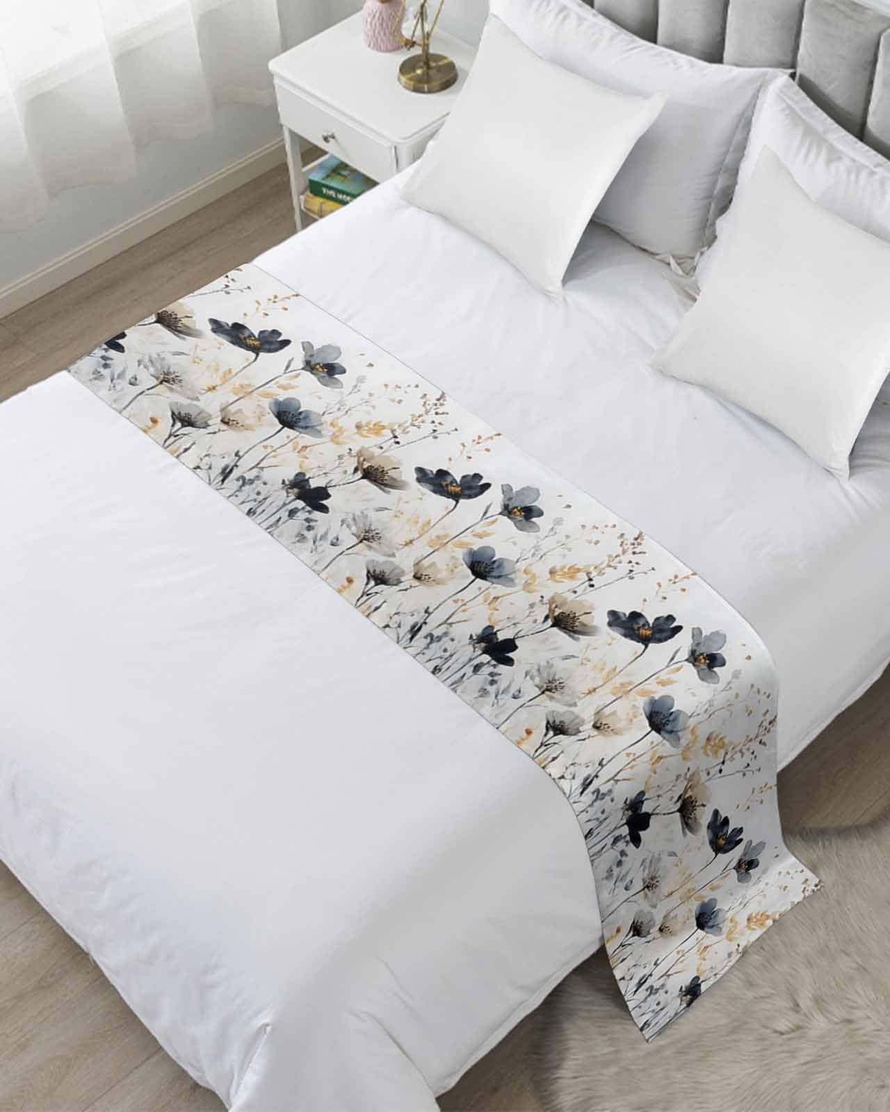 Farmhouse Flowers Bed Runner for Twin Size, Watercolor Botanical Floral Herbs Bedspread Protector Slipcover Bed Scarf for Foot Runners & Scarves for Bedroom Hotel Wedding Room 71x20 Inches