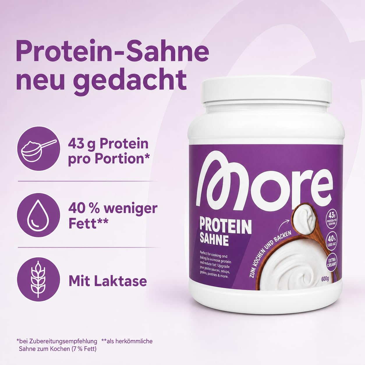 MORE Protein Sahne, 600 g – Proteinpulver mit Whey & Casein zum Kochen und Backen+Heartglobal Versandschutz