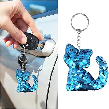 Bittwee Sparkly Kitty Sequin Car Keychain, Cute Glitter Animal Cat Vehicle Key Ring Chain, Auto Key Decoration, Universal Fit Sky Blue