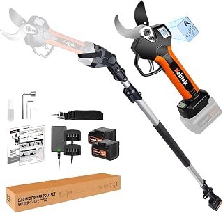 Cordless Electric Secateurs 40MM with Pole, Kebtek Professional Pruning Shears Battery Powered 21V Brushless Motor 2Pack 2AH Rechargeable Lithium Battery-LCD Display Screen (KT940 Pruner+Pole Set)