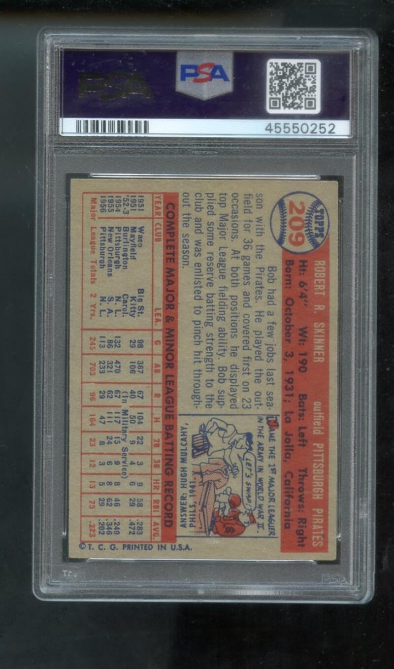 1957 Topps #209 Bob Skinner PSA 6 Graded Baseball Card MLB Pittsburgh Pirates