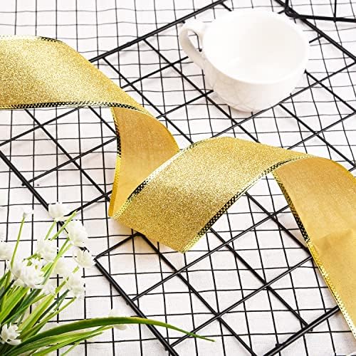 5 Yards Gold 2.5 Inch Wide Wired Edge Glitter Shiny Ribbon Roll Sparkly Fabric Gorgeous Ribbon for Arts Crafts Sewing for Christmas Tree Bows Floral Wreath Craft Gift Wrapping (Gold)