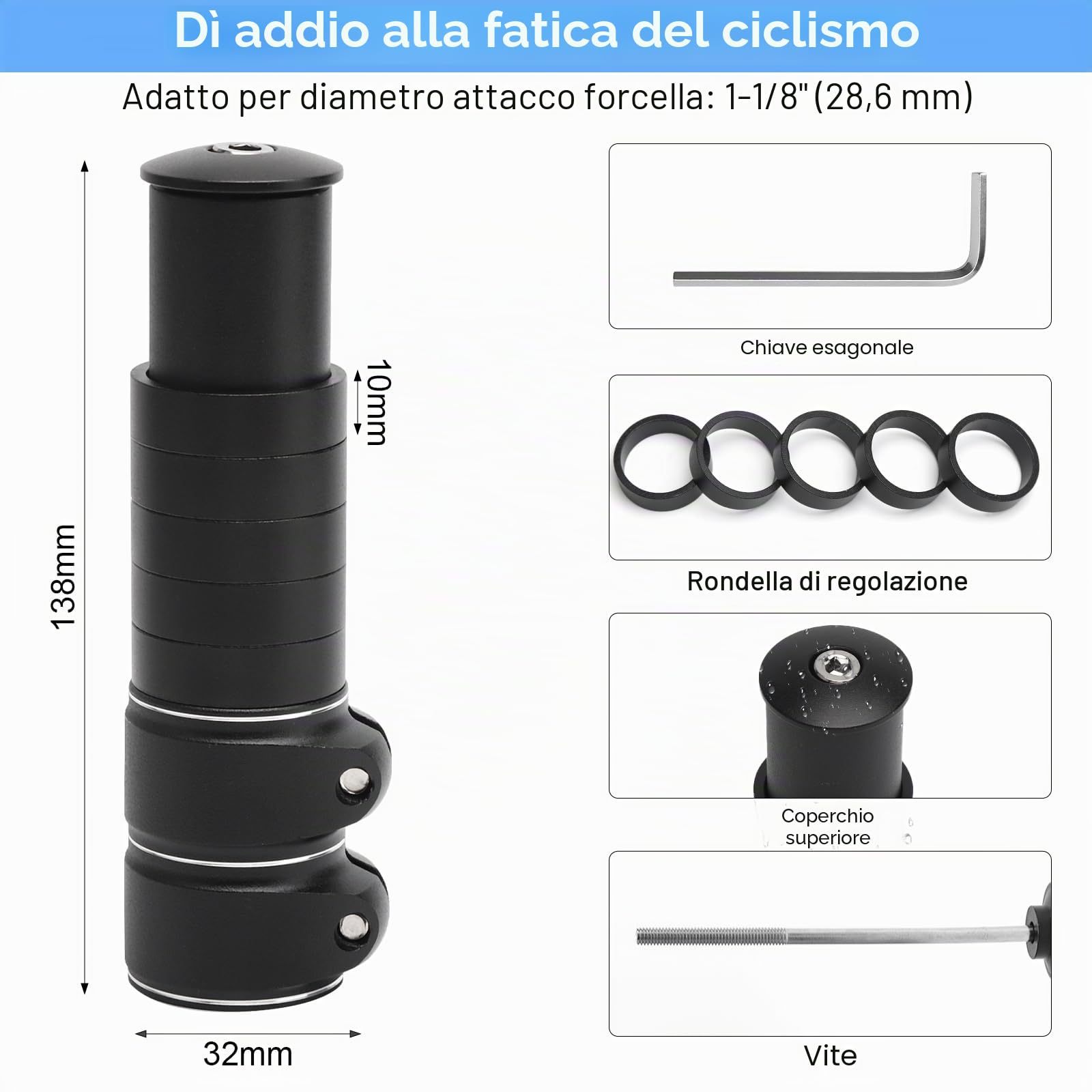 APOMOONS Rialzo Manubrio per Bicicletta con Chiave Esagonale,Rialzo Manubrio in Alluminio Cube Rialzo Manubrio MTB Rialzo Manubrio per Biciclette da Corsa MTB e City Bike da 28,6MM (Nero 138 X 28,6MM)