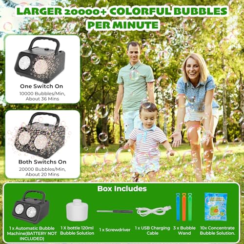 Automatic Bubble Machine,Bubble Blower with 2 Fans 20000+Bubbles Per/Min,Electric Bubble Maker for Kids Toddlers,Operated by Plug-in or Batteries,with 10xBubble Solution,Bubble Toys for Outdoor
