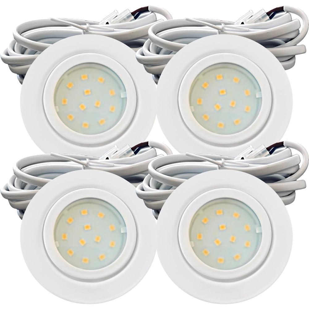 4er Set IP44 LED Möbeleinbauleuchten 12V extra flach 2,4W Einbaustrahler New Lina 200lm Weiß 3000K Warmweiß Bohrloch: 54 bis 60mm, 2m Kabel mit AMP Stecker. Möbel, Küche, Bad, Decken usw. ✅