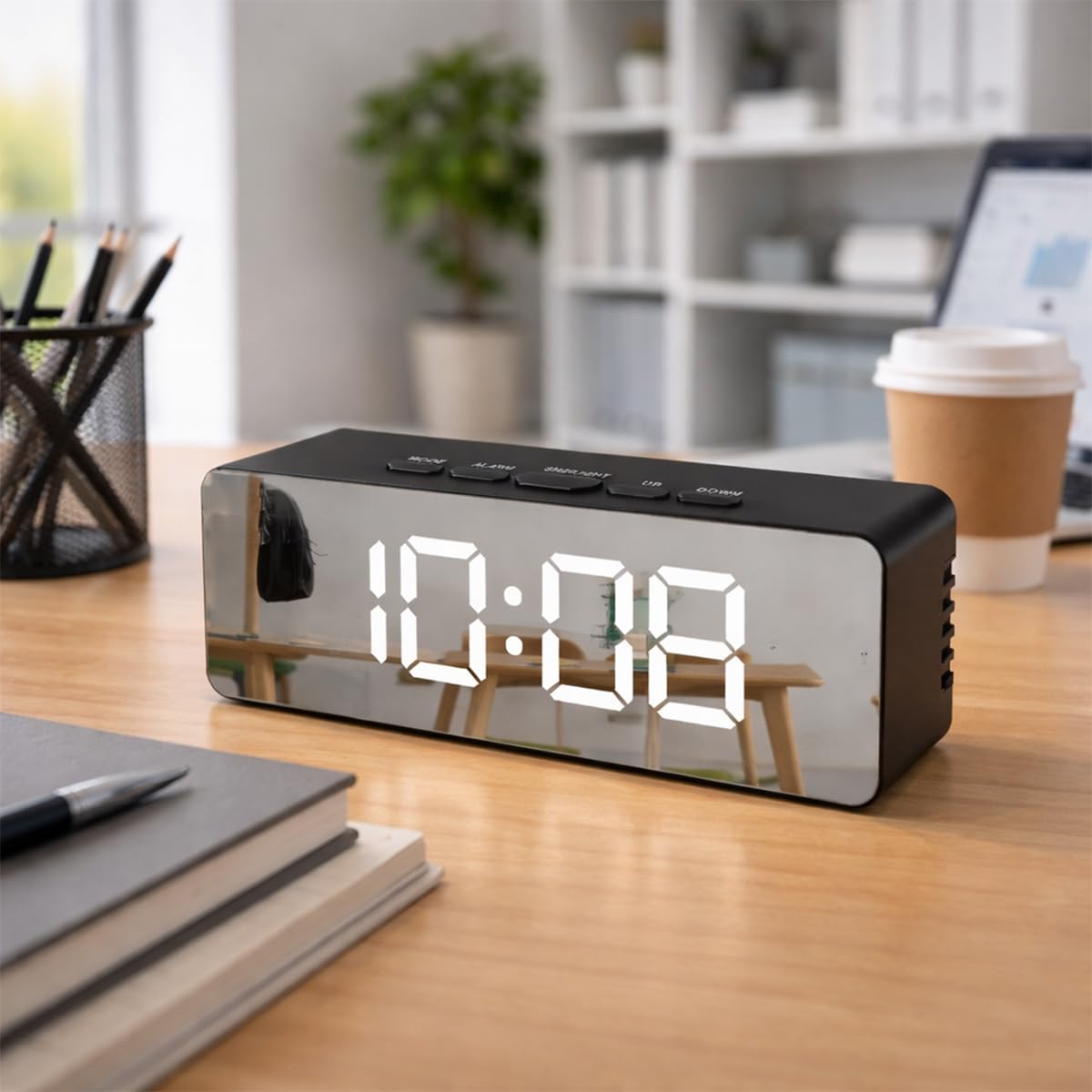 Digital Alarm Clock with Automatic Sensor | Date, Time & Temperature Display | LED Desk Table Clock for Students, Home, Office, Bedroom, Living Room & Corporate Gifting (DIGITAL MIRROR BLACK)