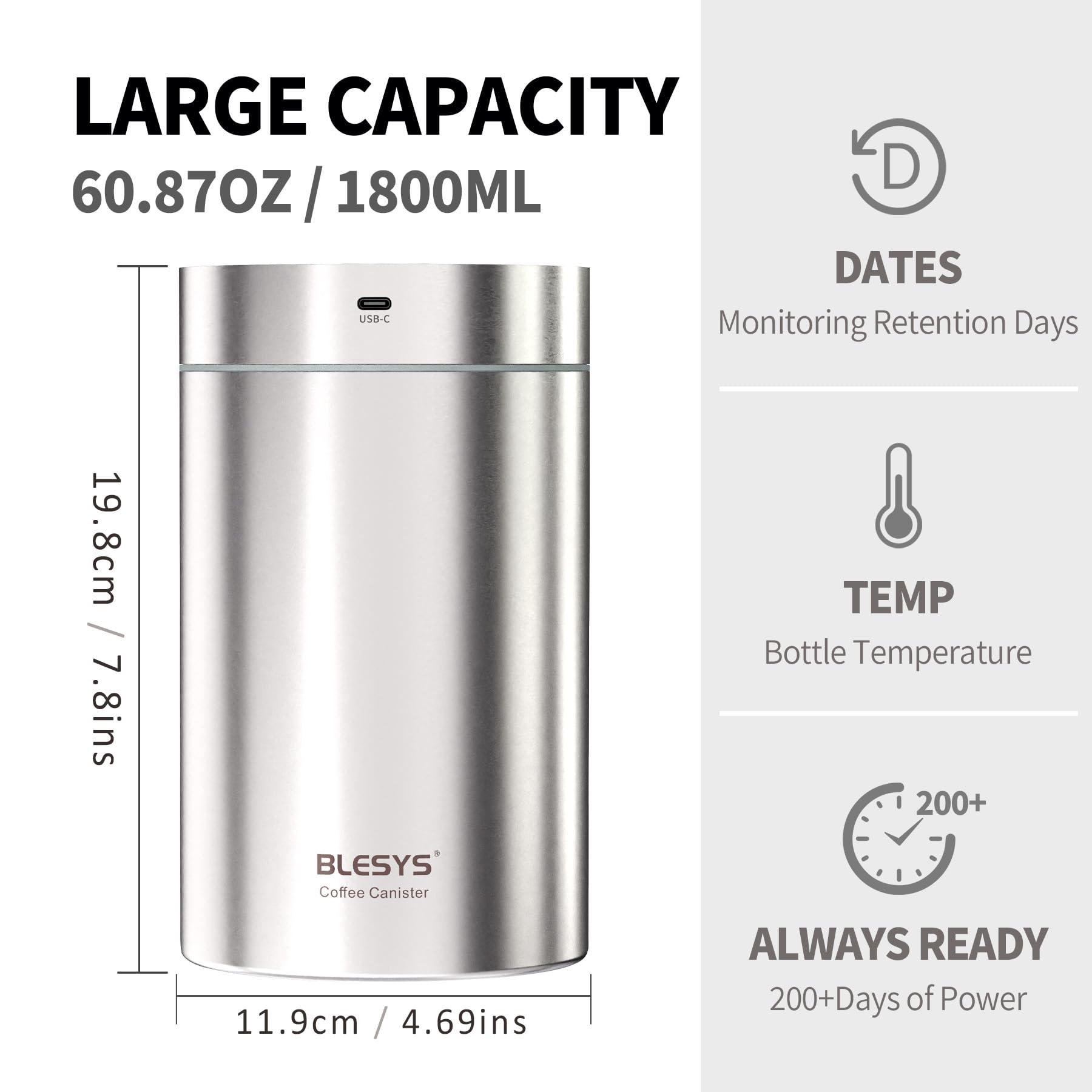 BLESYS Intelligente contenitore caffe sottovuoto per alimenti ermetico e automatico in acciaio inox con display LCD funzione di mantenimento della freschezza con un solo tocco 1.8l argento