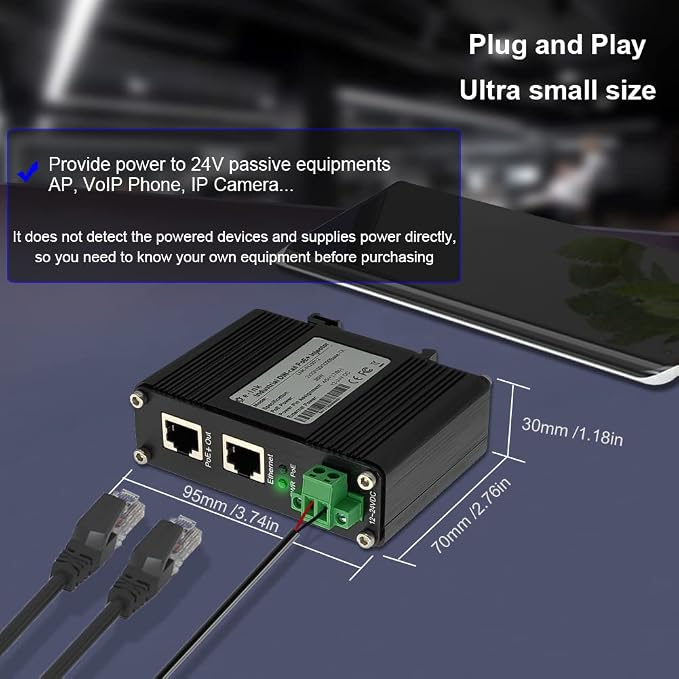 Inyector Pasivo PoE Industrial 24V Gigabit RJ45 1000M miniatura 3