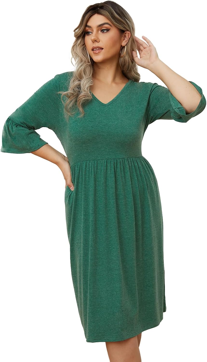 Women's Plus Size Fall Dresses 3/4 Sleeve V Neck Casual Ruffle Empire Waist Swing Midi Dress XL-5XL - Image 5