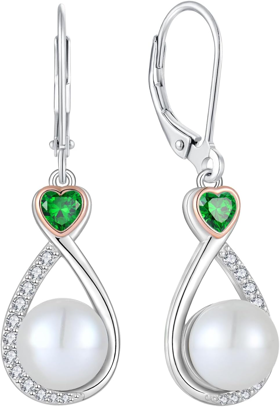 Heart Birthstone Pearl Earrings, 925 Sterling Silver Infinity Dangle Drop Leverback Earrings, 9mm Freshwater Cultured Pearl & 4mm Gemstone Jewelry Valentine's Day Gift for Women