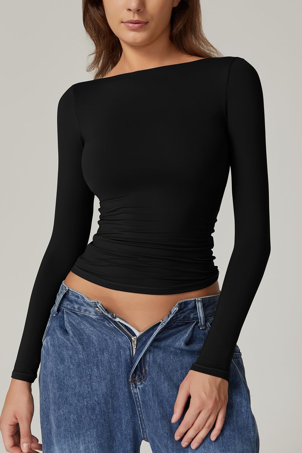 QINSEN Women's Sexy Open Back Long Sleeve Shirts High Neck Double Lined Tees Fitted Going Out Tops - Image 6