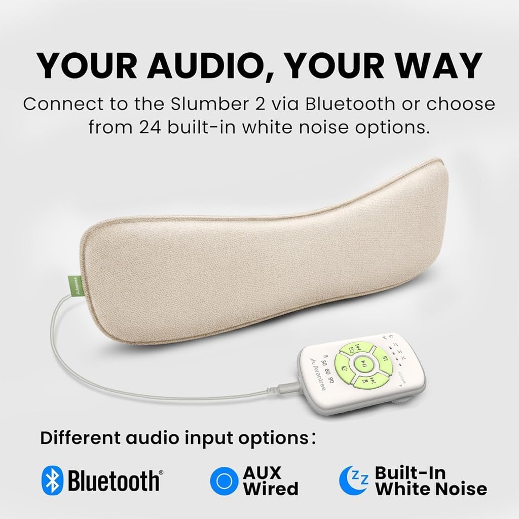 Avantree Slumber 2 – Bluetooth Pillow Speaker for Sleeping with 4 Ultra-Flat Speakers, White Noise, Remote Control & Sleep Timer, Soft Sleep Headphones Design for Side Sleepers – Beige