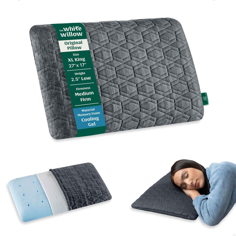 The White Willow Thin Memory Foam with Cool Gel – Slim for Neck & Shoulder Pain Relief – Flat Orthopedic Cervical Support – XL King Size 2.5" H – Grey