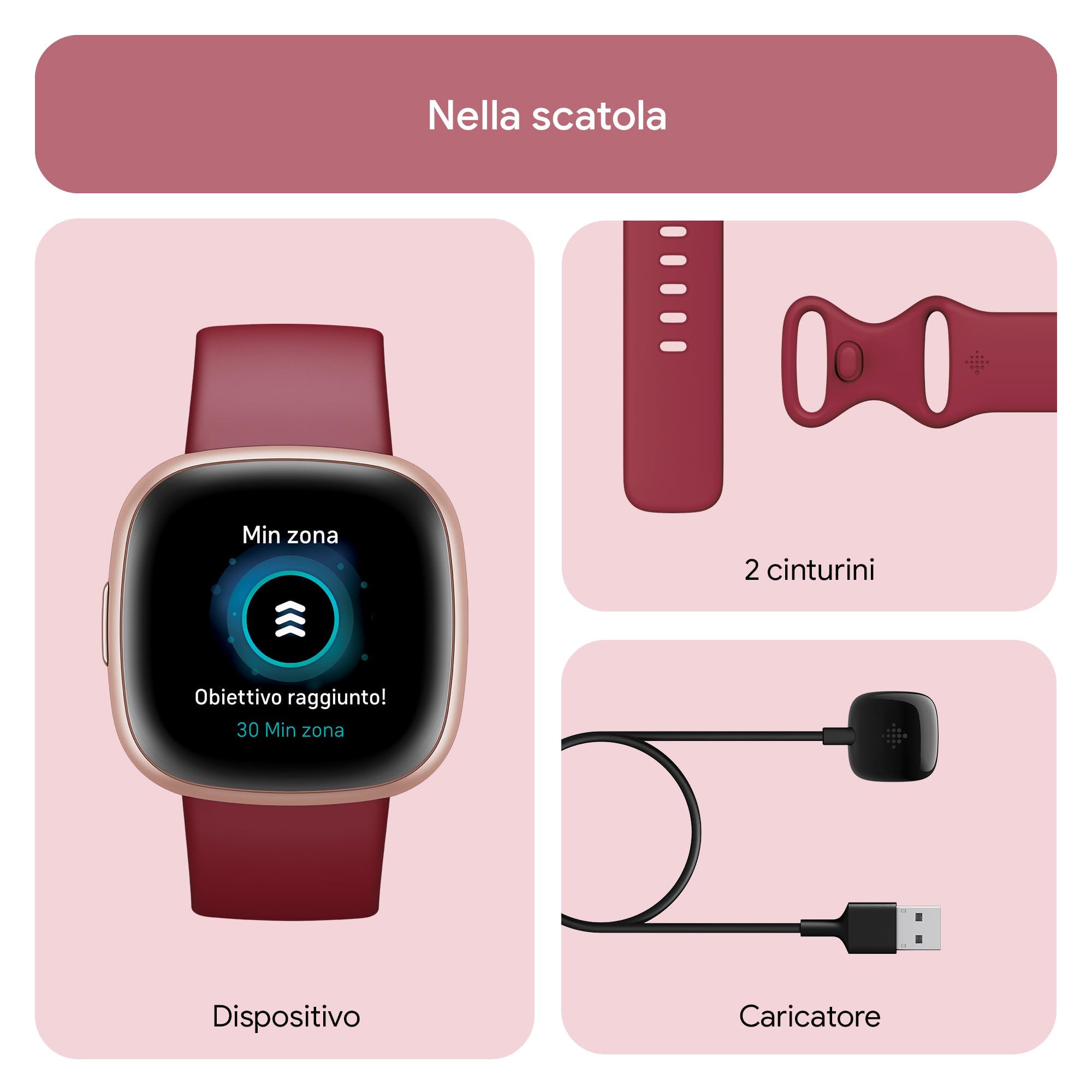 Fitbit Versa 4 Smartwatch per il fitness con abbonamento Google Health Premium di 3 mesi incluso, fino a 6 giorni di autonomia e compatibile con iOS & Android, Rosso ciliegia / Alluminio rame rosa