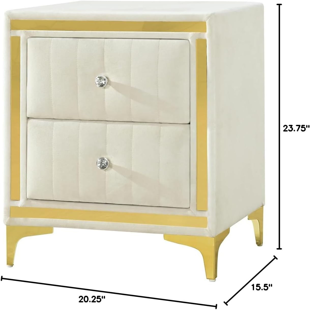 Better Home Products Monique Velvet Nightstand with Gold Legs and Gold Trim, Crystal knobs - Fully Assembled. (Cream)