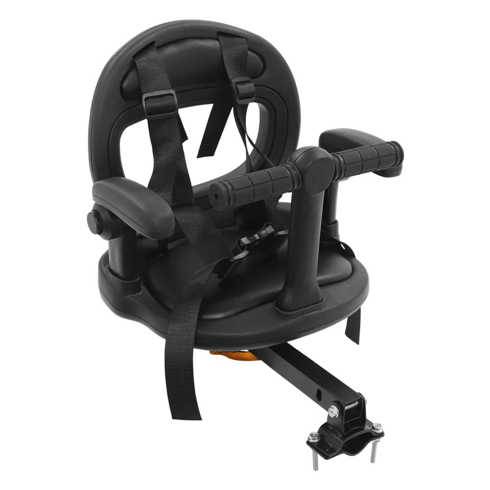 Seggiolino anteriore per bicicletta per bambini, girevole a 360°, con poggiapiedi pieghevole e manico per guardrail, universale, colore nero