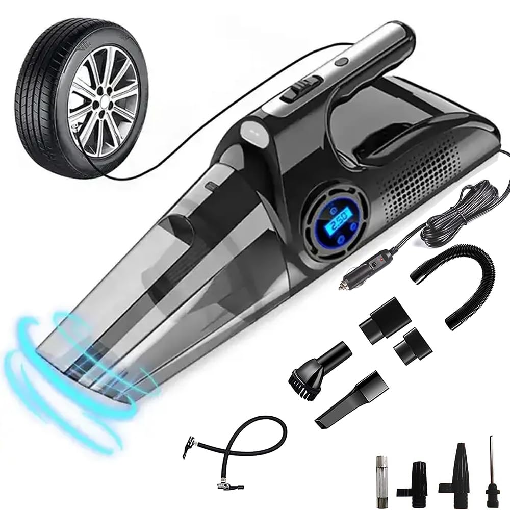 Kidoca 4 in 1 Portable Car Vacuum Cleaner High Power and Tyre Inflator for Car Interior Air Pressure Pump for Car with Digital Display 12.5FT Cord 120W Handheld Vacuum Cleaner 6000 PA Suction