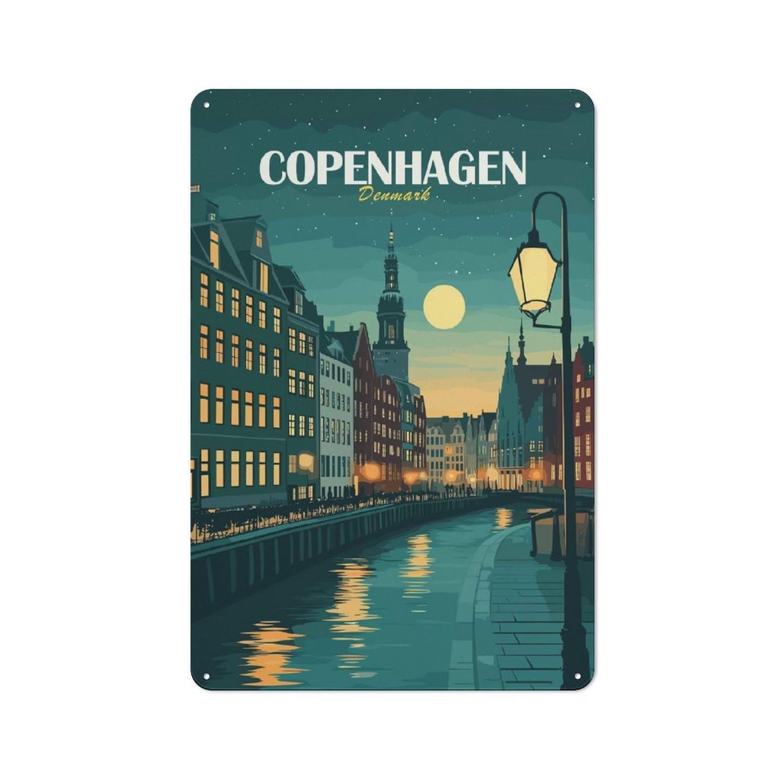 Nostalgic Copenhagen, Denmark Cityscape at Night Decorative Tin Plaque 30x20cm, Classic Pub Decor for Diner, Restaurant, Shed Or Kitchen