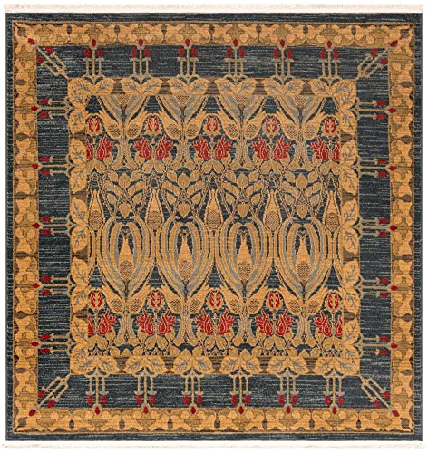 Image of Unique Loom Edinburgh Collection Area Rug - Canmore (6' 1 inch Square, Navy Blue / Tan)