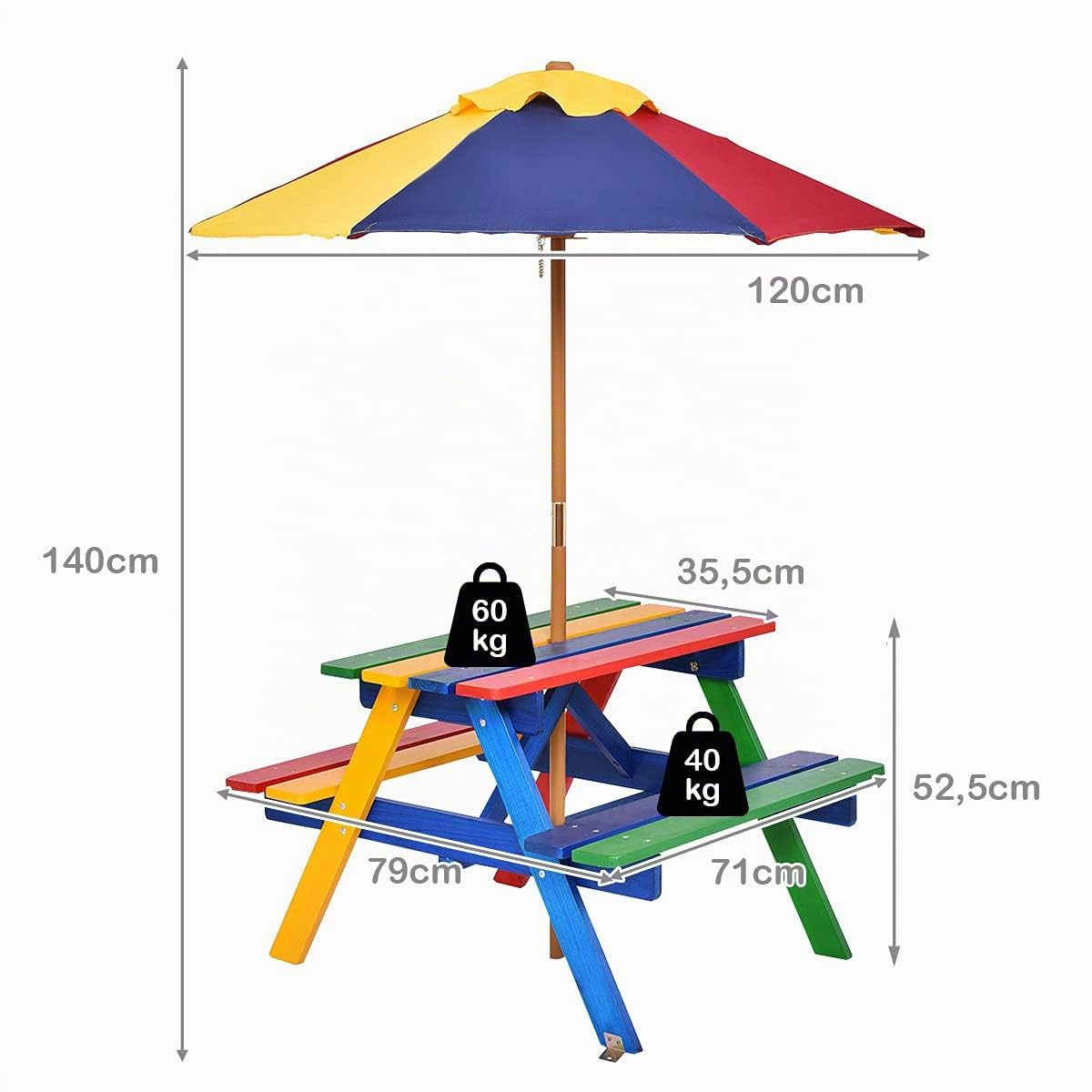 GOPLUS Table Pique-Nique Enfant avec Parasol, Table Enfant Jardin Extérieur et Banc en Bois, pour 1-4 Enfants, 89×79×50 CM (Multicolore)