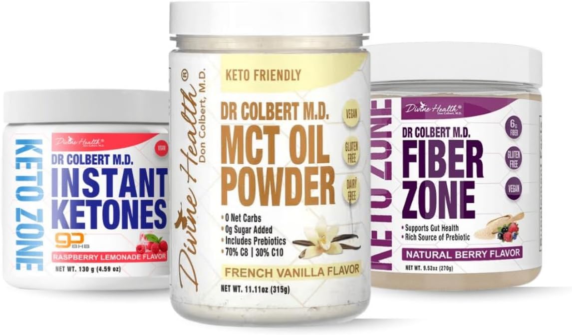 Keto Zone Maintenance Pack | by Divine Health & Dr. Colbert | MCT Oil Powder (Hazelnut) | Fiber Zone (Berry) | Instant Ketones (Raspberry) | Supports Energy & Gut Health