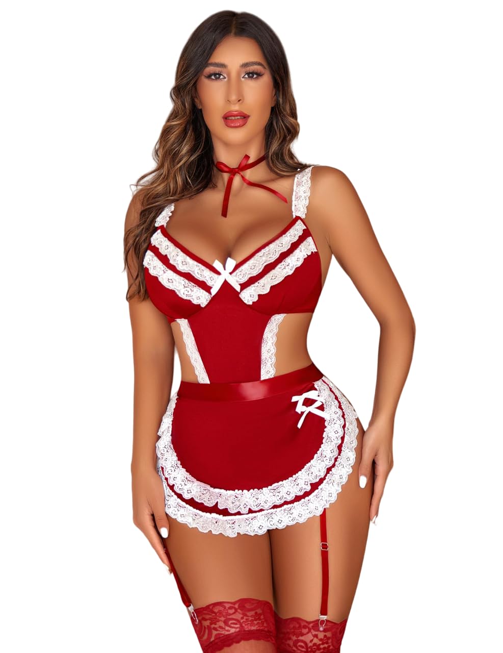 Women’s Babydoll Maid French Lady Cosplay Costume Dress with Lace Halter Neck Band Role Play Nightwear Nighty Stocking Lingerie for Halloween Party