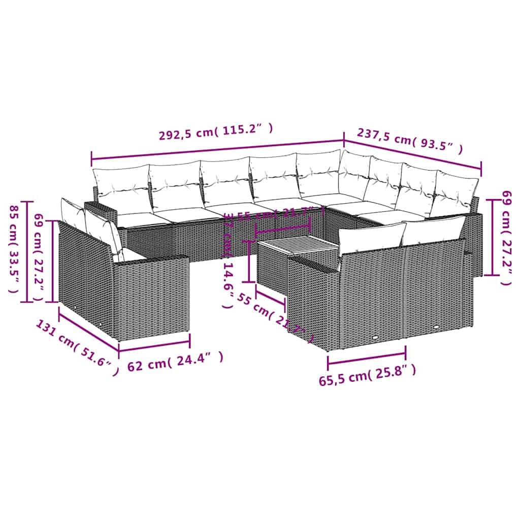 Set da 13 pezzi in polyrattan con cuscini, divano da giardino modulare in rattan sintetico nero, con piano in legno di acacia e rivestimenti sfoderabili e lavabili