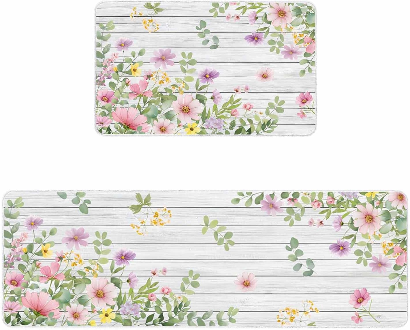 Spring Flower Leaf Pastoral Theme Kitchen Rug and Mat,Washable Floor Mats Standing Cushioned Set of 2,Rustic Retro Wood Board Slip-Proof Doormat Runner Rugs for Indoor Bathroom Laundry Sink