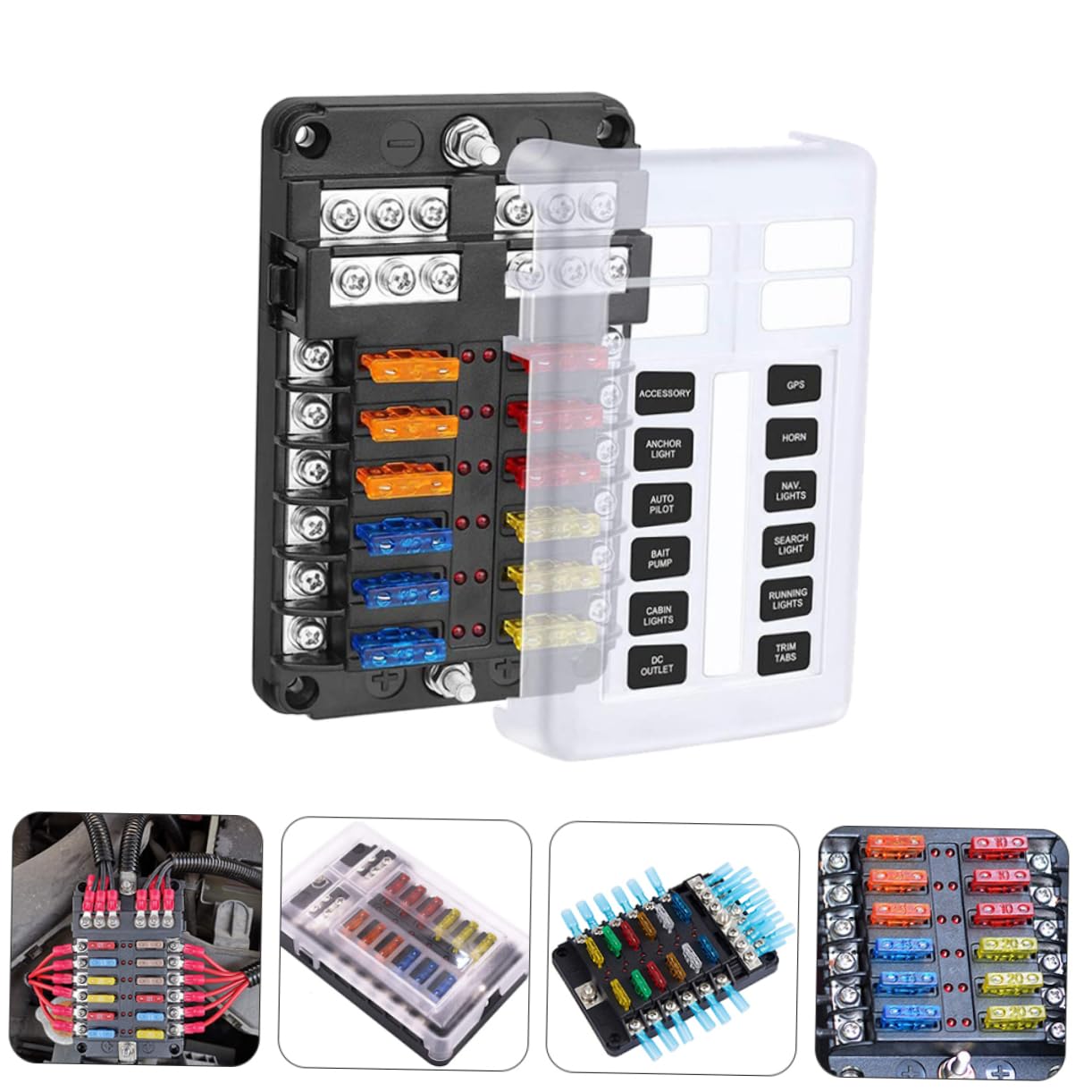 Scatola Fusibili 12 Circuiti Dc32v 100a Pbt PC per Auto e Barca | Rame Nichelato e Acciaio Inox, Luce Indicatore, Manutenzione Rapida e Protezione Dai Detriti