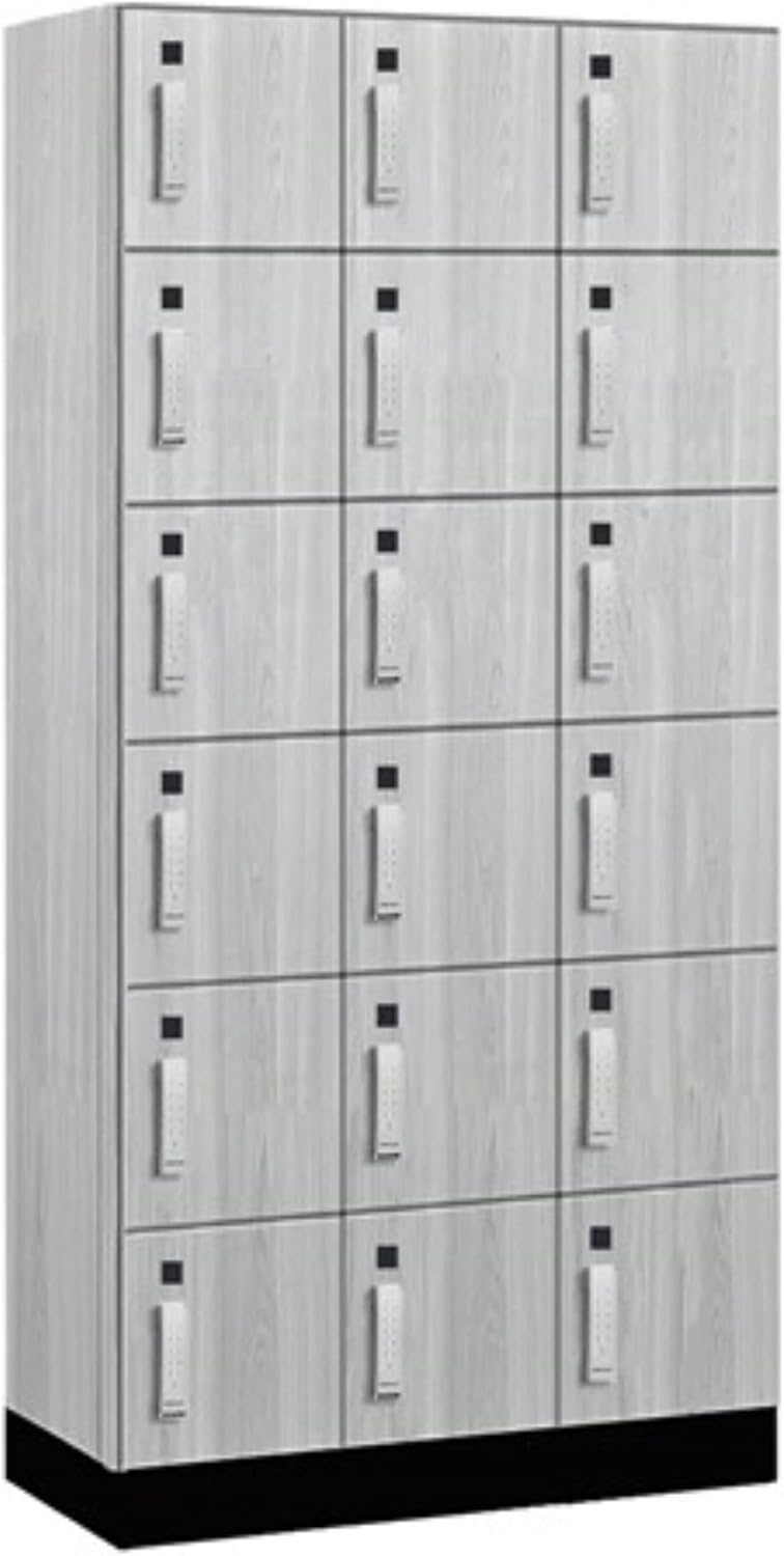 Salsbury 12" Wide Premier Wood Locker-Six Tier Box Style-3 Wide-6 Feet High-18 Deep-Silver Teak-Silver Electronic Locks