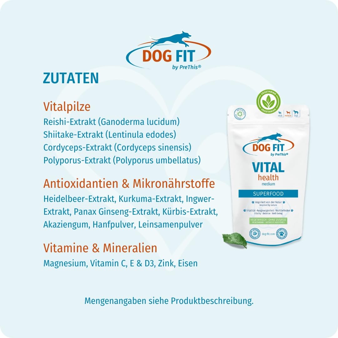 DOG FIT by PreThis® VITAL Health für Hunde - Natürliche Superfoods für Vitalität I Mit den Vitalpilzen Reishi, Shiitake & Cordyceps I Kurkuma, Ginseng & Vitamin D3 I Größe M (10–25 kg)