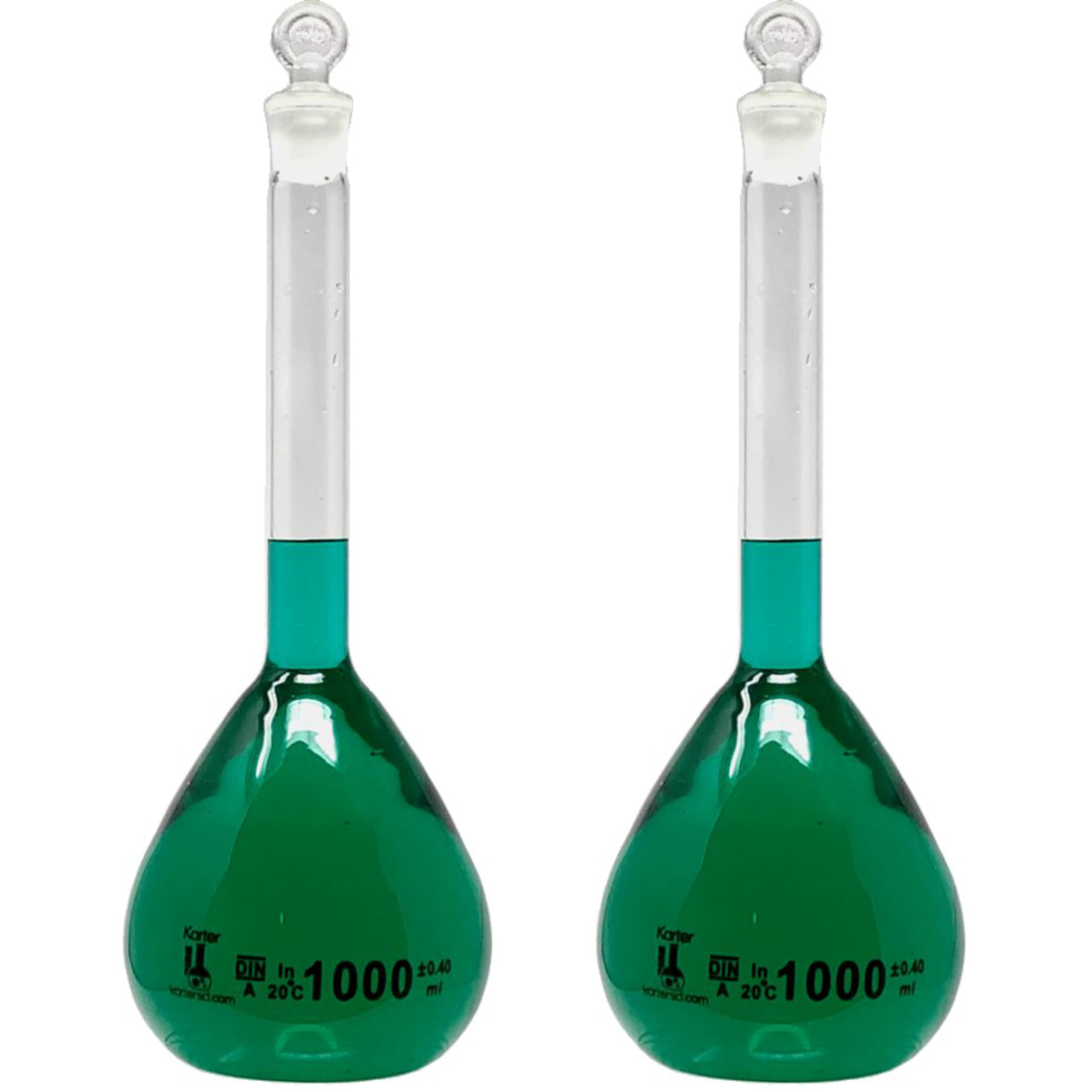 1000ml Volumetric Flask, 3.3 Boro Glass, Class A, Ground Stopper, Karter Scientific 213W8 (Pack of 2)