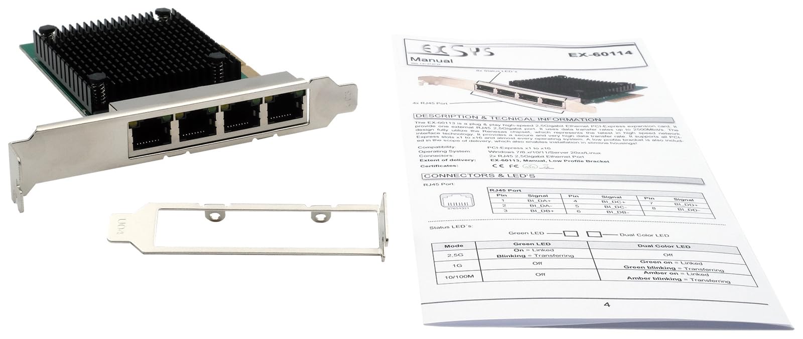 EXSYS EX-60114 Carte réseau PCIe 4 Ports 2.5Gigabit