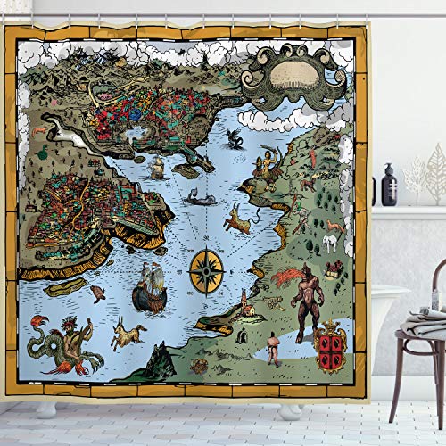 Ambesonne Compass Shower Curtain, Antique Map of Rivers and Land Full of Monsters with Pirates Giant Creatures Cartoon Style of an Art, Cloth Fabric Bathroom Decor Set with Hooks, 75