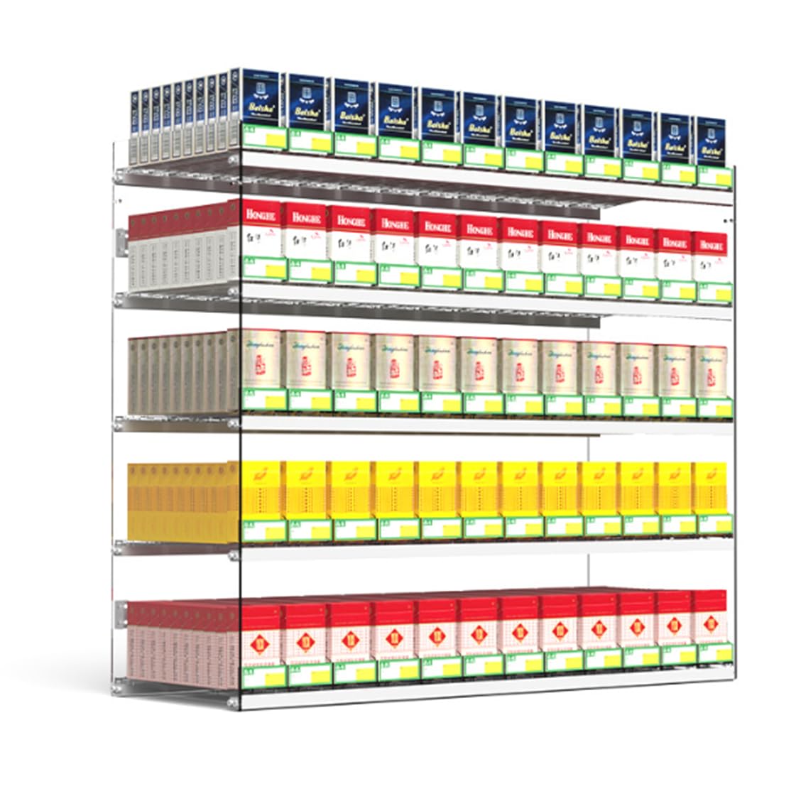 Scaffale di esposizione della sigaretta fissato al muro per negozi al dettaglio, supermercati e negozi di convenienza - vetrina del prodotto organizzata ed economica