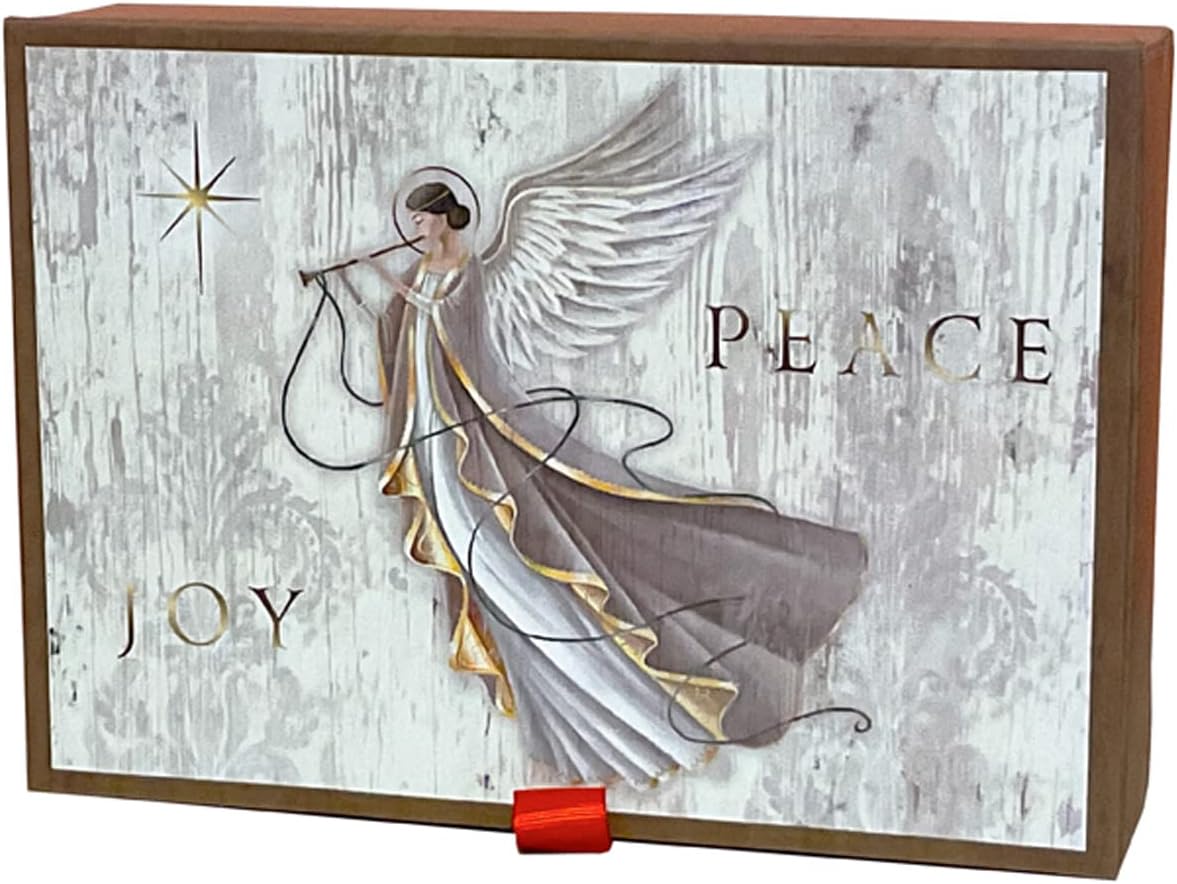 Angel with Gold Trimmed Robe: Peace, Joy, Gold Star Glitter Keepsake Box of 14 Christmas Cards