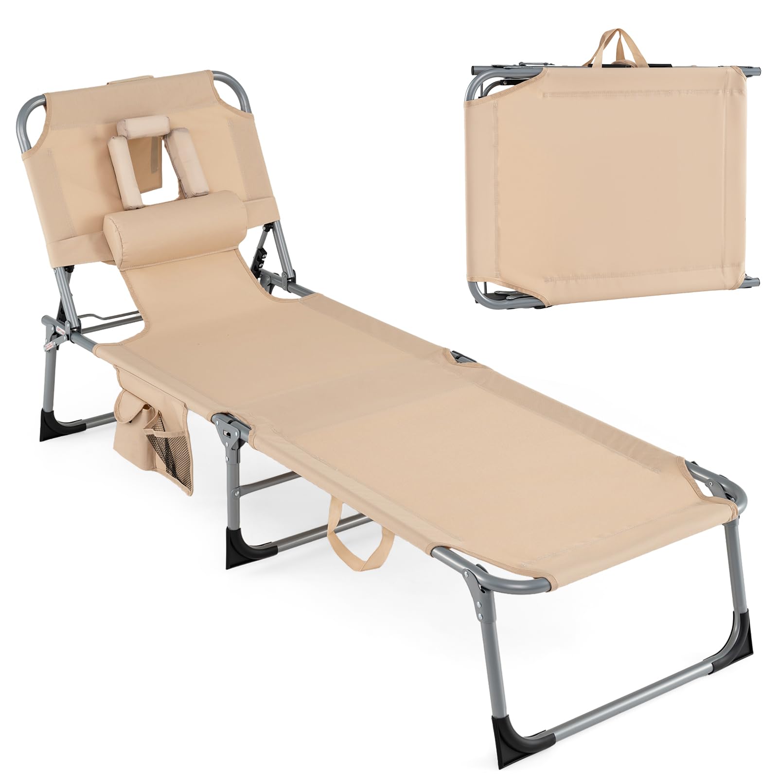 COSTWAY Folding Sun Lounger, 4-Position Adjustable Garden Chaise Lounge Chair Sunbed with Face Arm Holes, Pillows and Side Pocket, Outdoor Sunbathing Tanning Recliner for Patio Beach Camping (Beige)