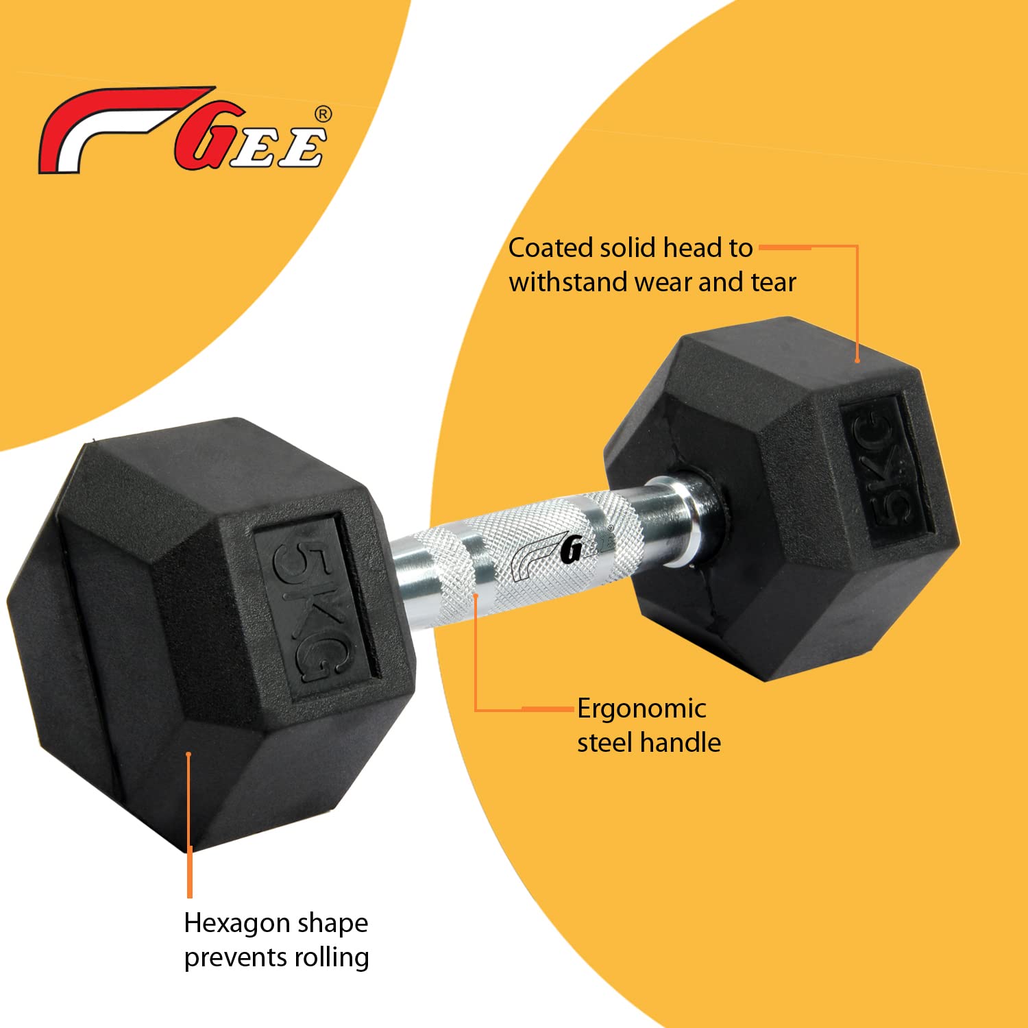 Gee Rubber Coated Fixed Weight Hex Dumbbells 5kg (Pack Of 2 Pcs) 3