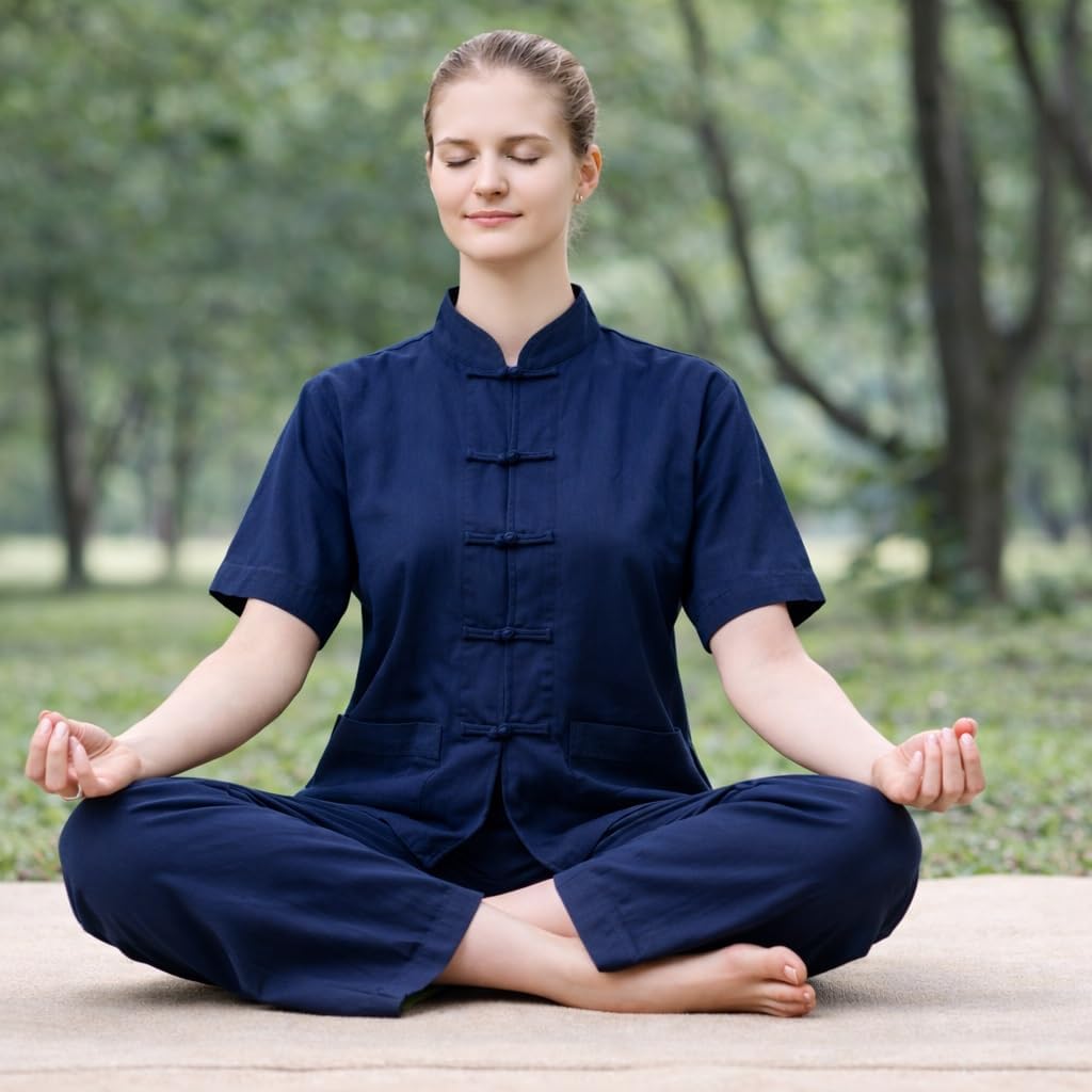 Lazutom Women's 2 Piece Cotton Kung Fu Outfit Short Sleeve Frog Button Top and Drawstring Pants Set