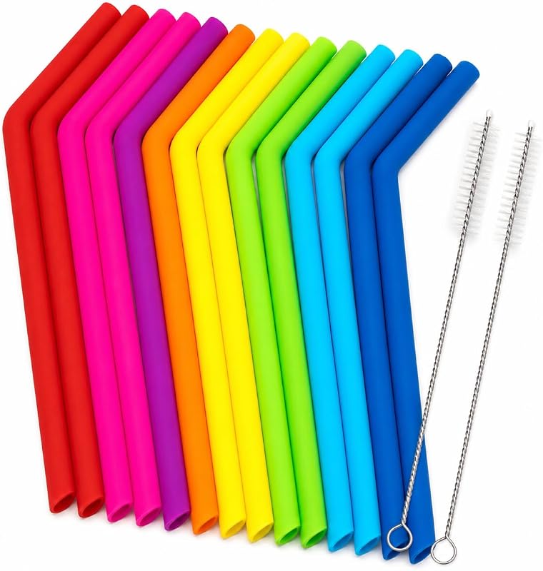 Reusable Silicone Straws for Tumblers, Smoothies & Kids Drinks – 15 Pack Flexible BPA-Free Drinking Straws with 2 Cleaning Brushes – Soft on Teeth & Lips – Fits 20oz & 30oz Tumblers