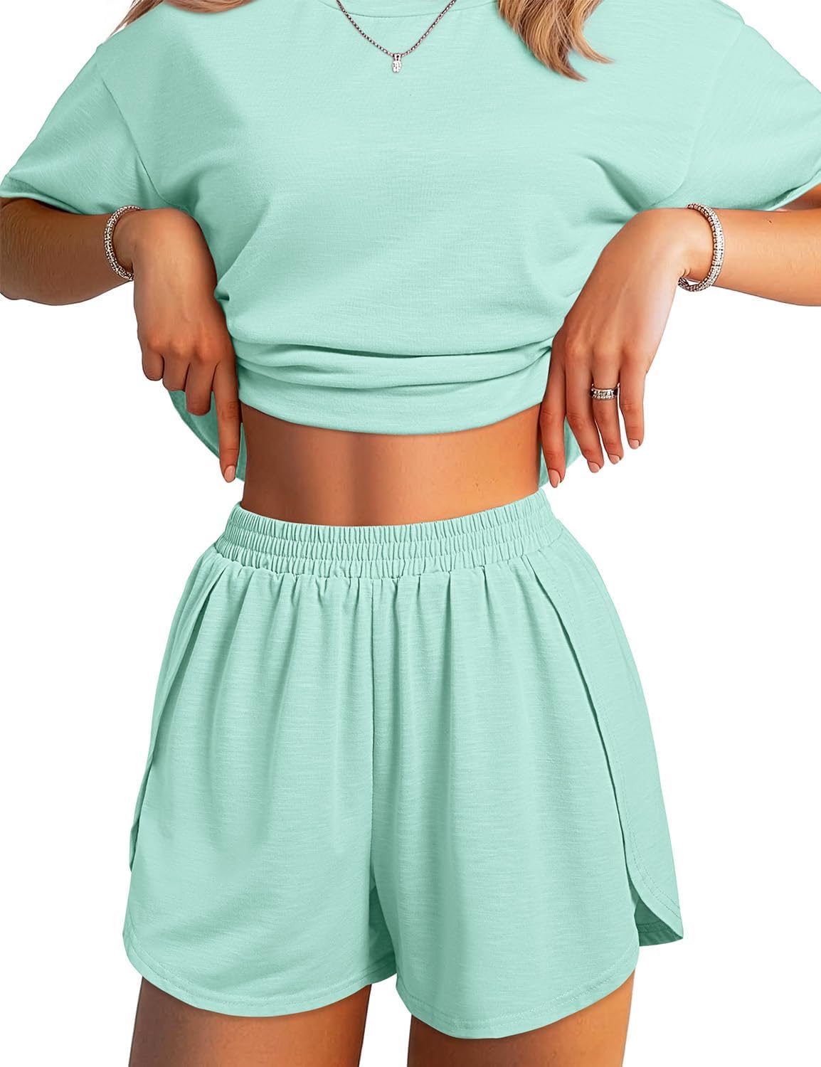 JUSTFASHIONNOW Split Short Bamboo Pajama Set Cute Summer Pjs for Women 2 Piece Short Sleeve Lounge Sets Soft Sleepwear