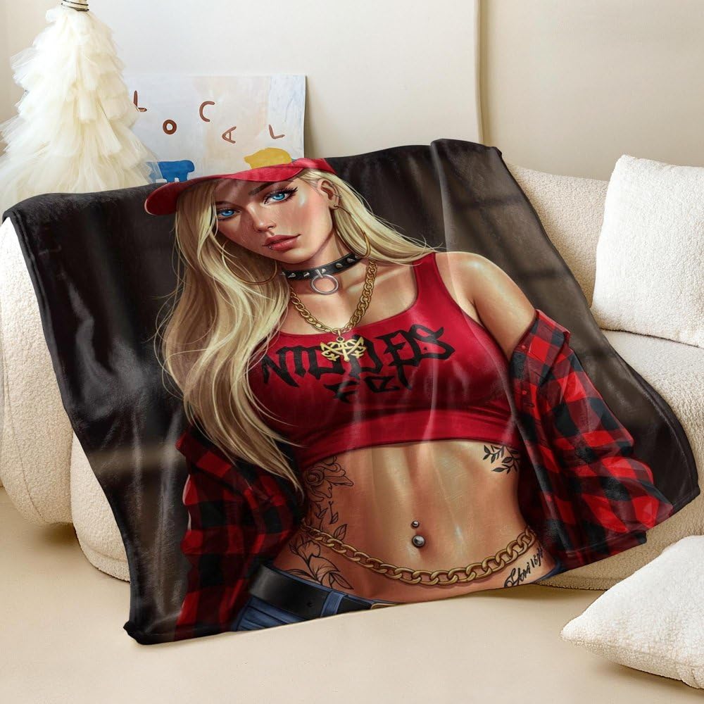 Couverture flanelle imprimée plaid punk fille blonde deco chambre adolescent 150x200
