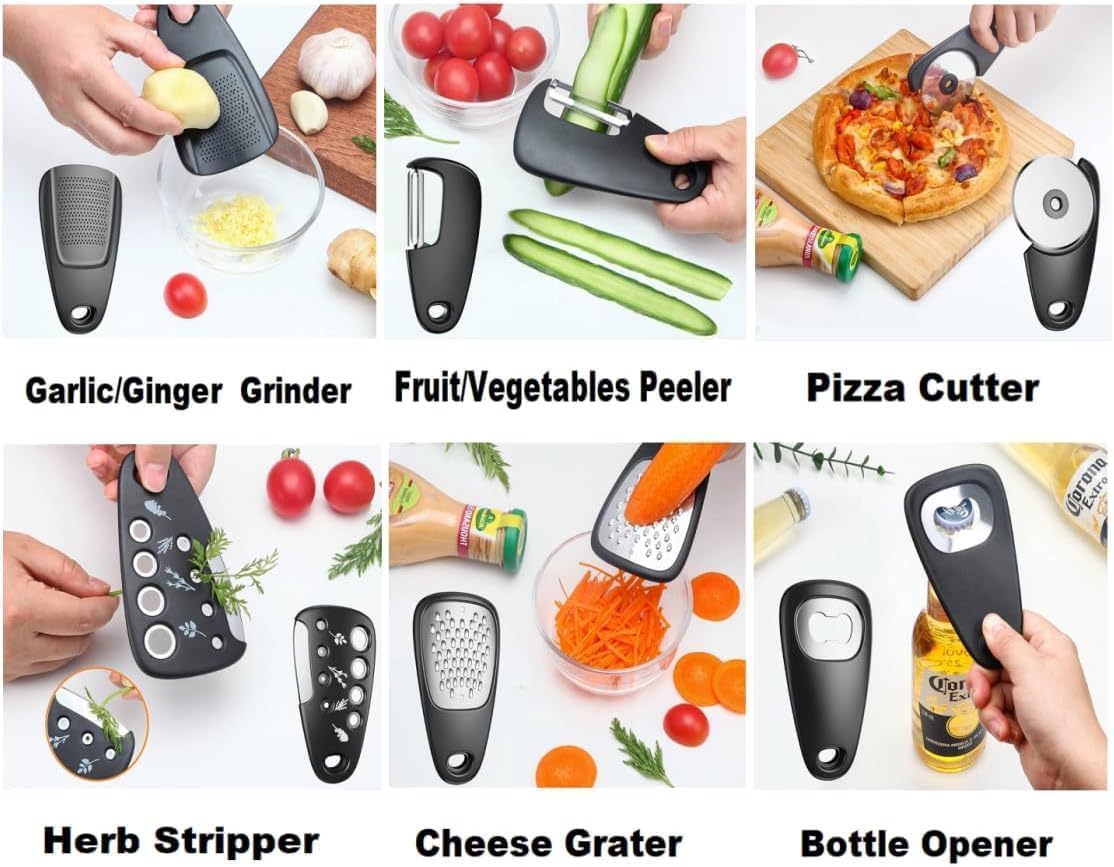6-in-1 Multifunctional Kitchen Gadget Space-Saving & Easy to Use, Cheese Grater, Bottle Opener, Peeler, Pizza Cutter, Garlic Ginger Grinder & Herb Stripper, All-in-One Cooking Tool & Gift Set 3
