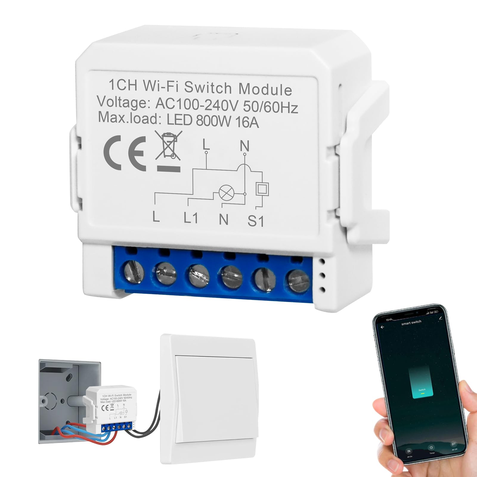 1PC Interruptor Inteligente Wifi de Luz, Interruptor Wifi Control Simple/Doble, Interruptor Inteligente Alexa, Interruptor Alexa, Mini Interruptor Inteligente WIFI Compatible con Tuya y Smart Life