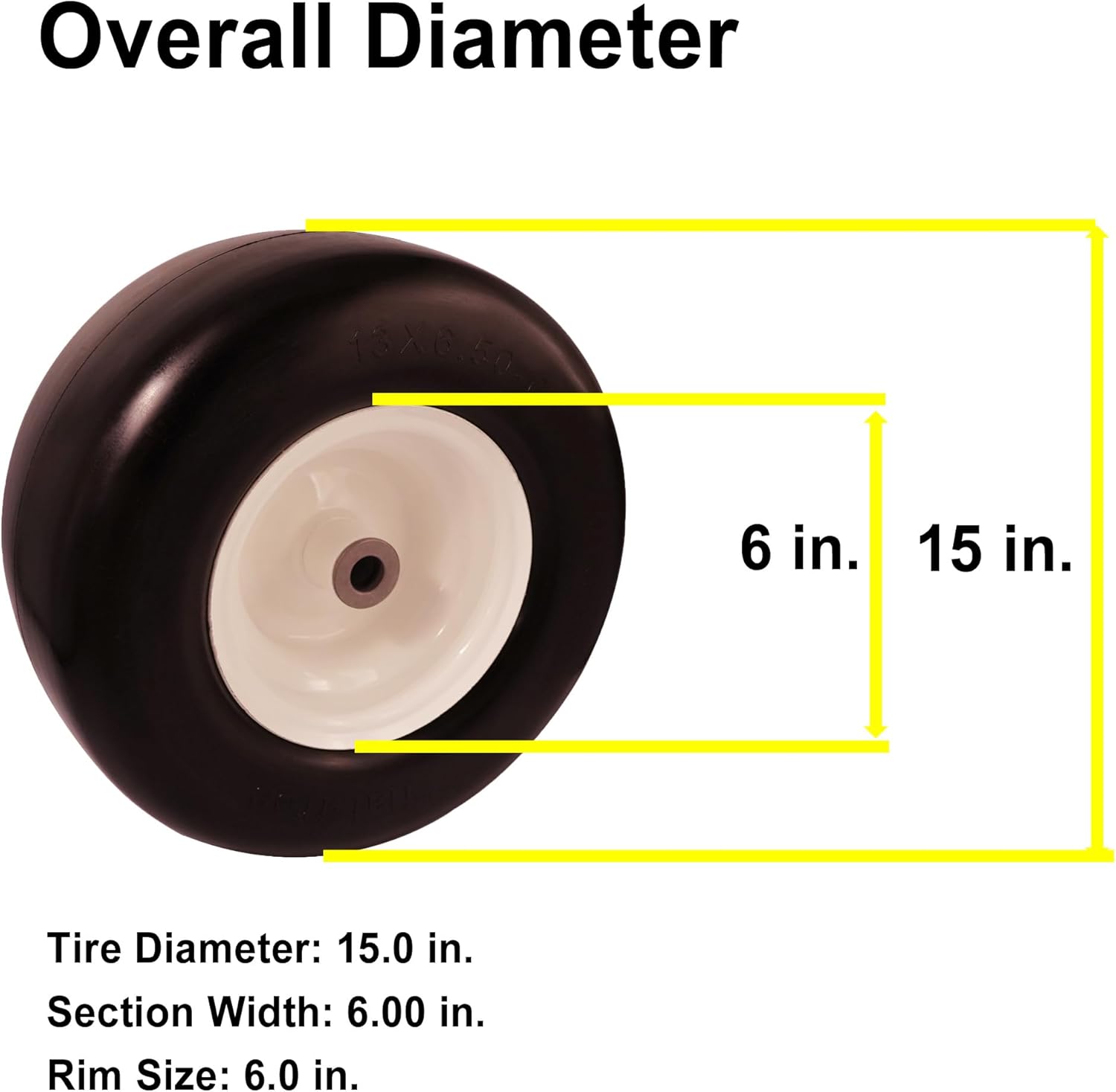 15x6.00-6 Flat Free Tire with 3/4 5/8 & 1/2 Bushing for Zero Turn Lawn Mower, 3.0-6.9Center Hub Flat Free Lawnmower Tire and Wheel Assembly, Universal Fit 15 inch Solid Wheel for Garden Tractor