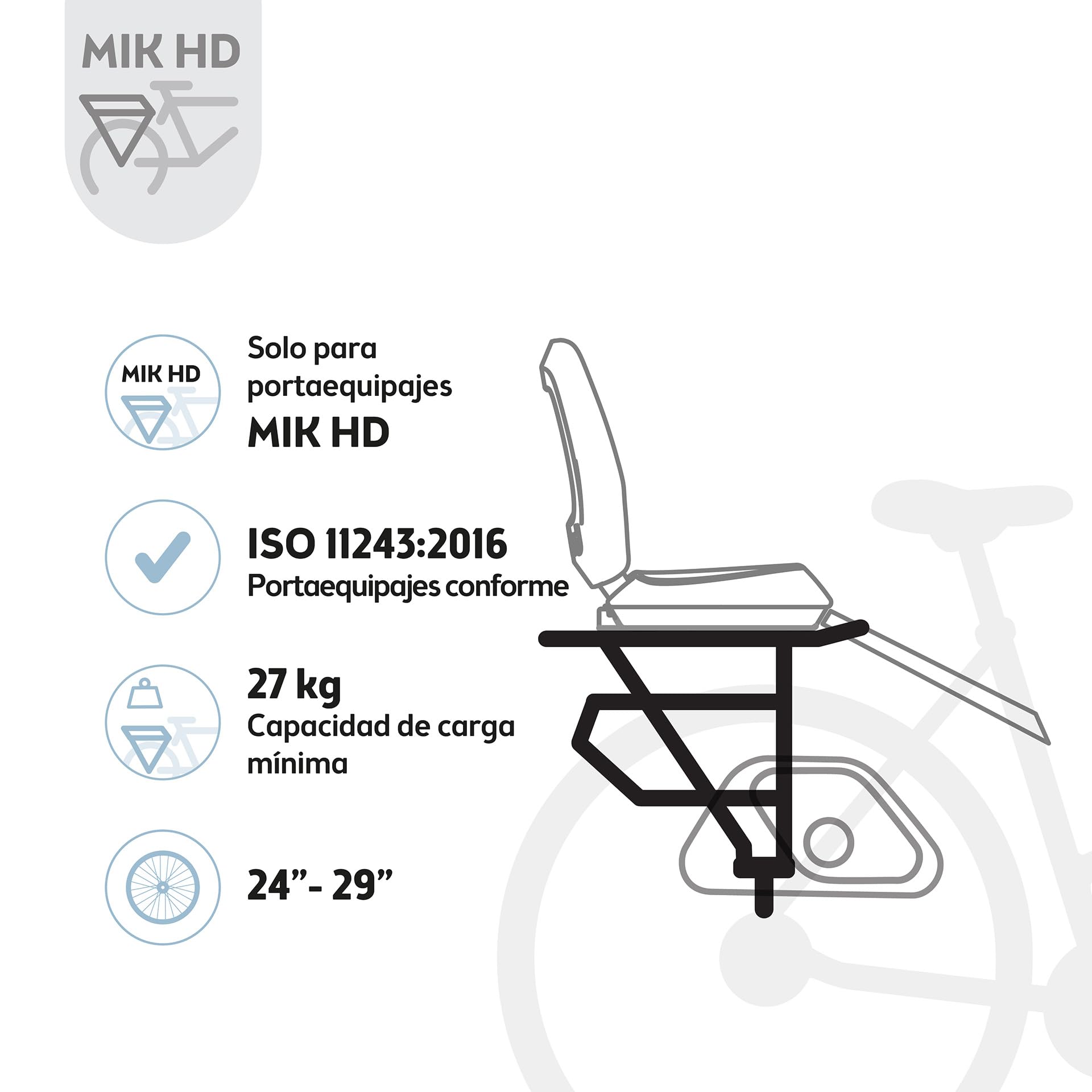 BOBIKE 8011900001 - Silla Bicicleta Trasera para Portaequipajes MIK-HD One Junior, Niños Desde 6 Años, hasta 27 kg, con Reposapiés Retráctiles, Cinturón de Seguridad, Negro