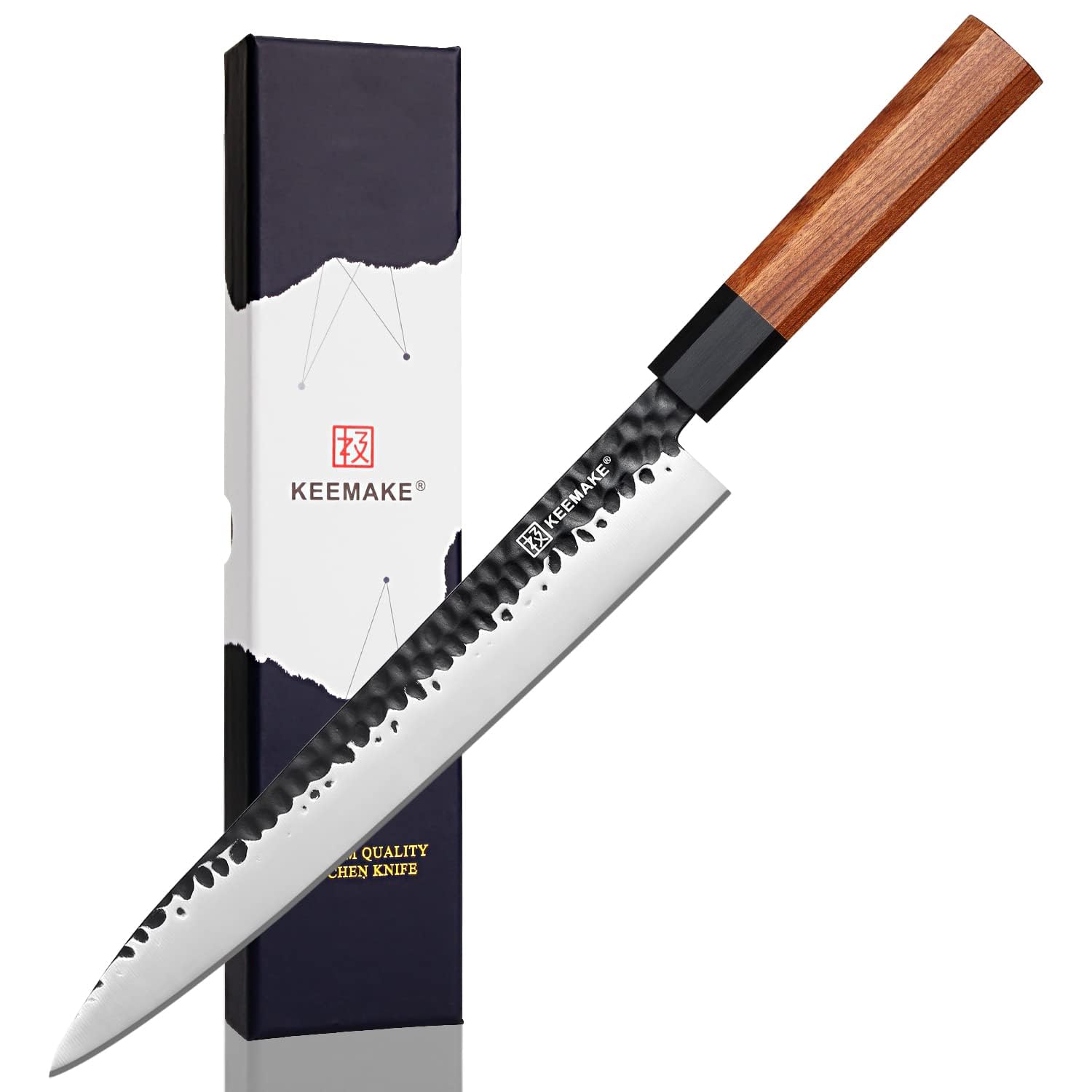 KEEMAKE Coltello Sashimi Giapponese Professionale - Coltelli da Cucina in Acciaio Inossidabile, Yanagiba Pesce 25 cm Lama Martellata, Manico in Legno