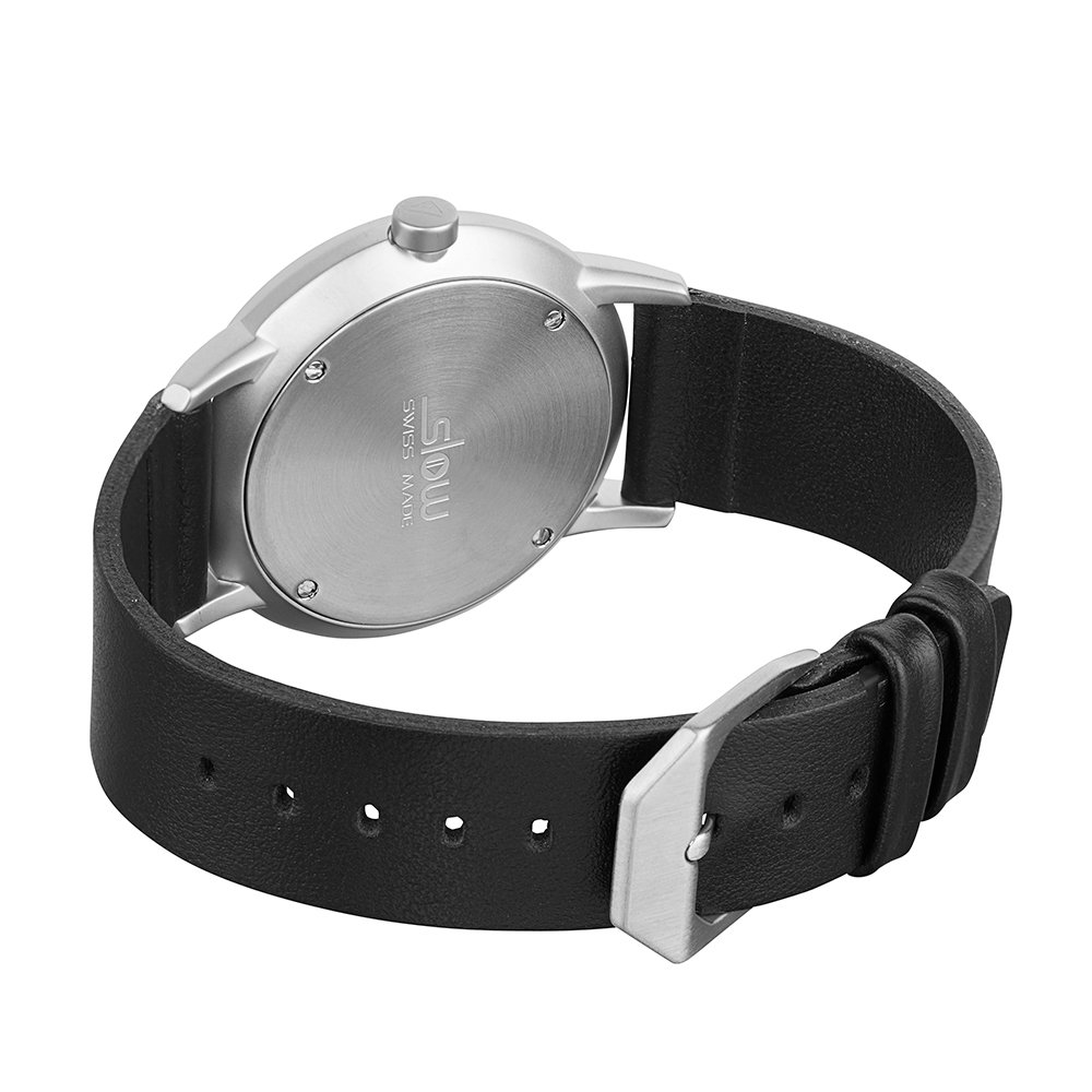 slow round 01 - Black Leather, Silver Case, Silver Dial
