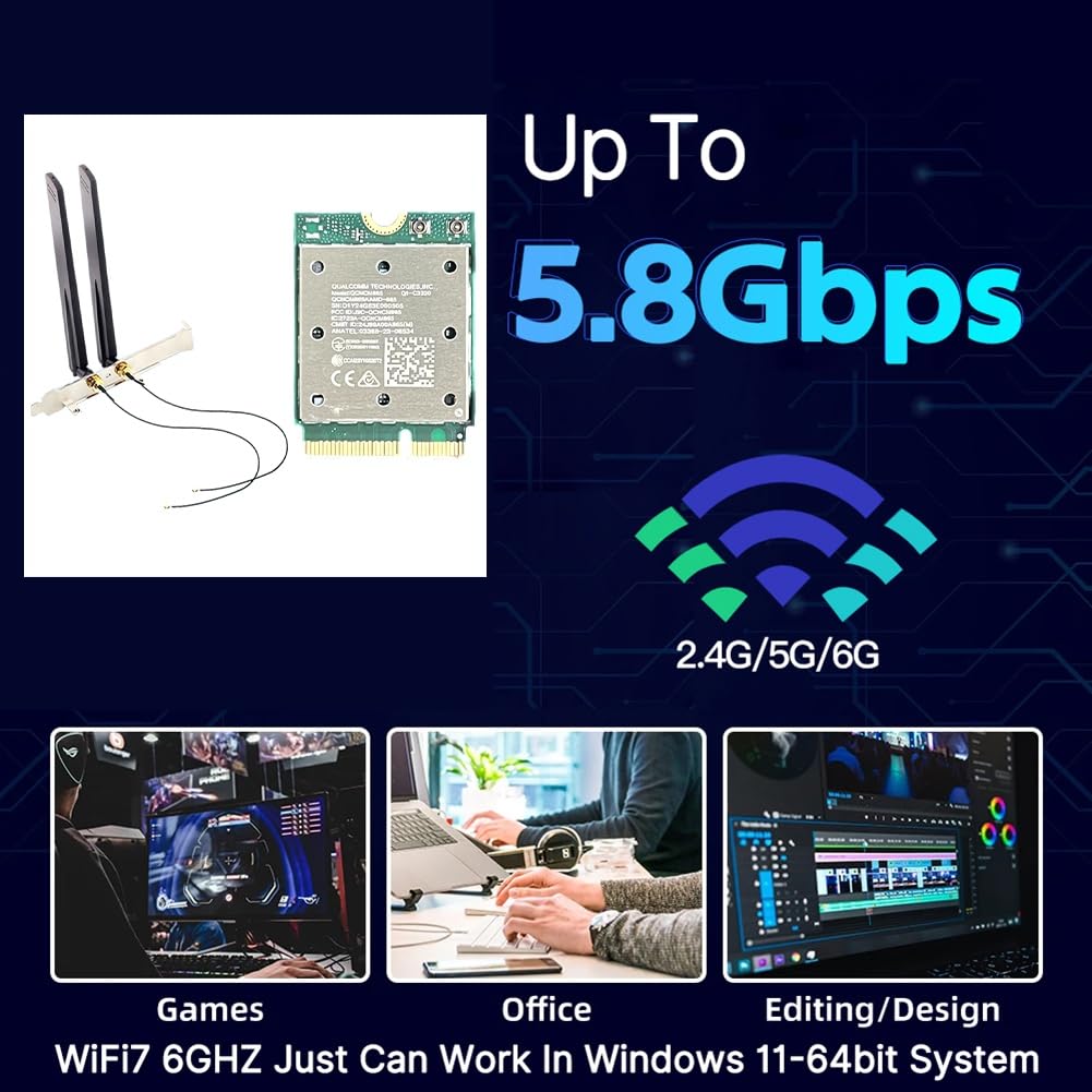 WiFi7 QCNCM865 Scheda WiFi Wireless Bluetooth 5.4 Adattatore di Rete Wireless A Tre Bande con Antenna Esterna da 12 DBi per Win11