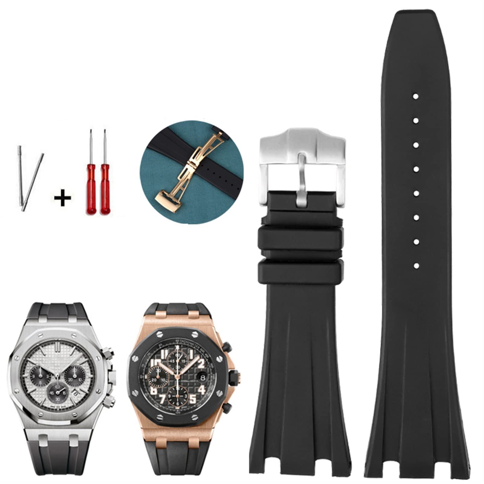 SKM Schwarzes Silikon-Gummi-Armband für Audemars für Piguet-Armbanduhr, 28 mm, AP-Band, Herren-Armband, Schmetterlings-Schnalle, Werkzeuge (Farbe: schwarze silberfarbene Schnalle, Gr??e: 28 mm)